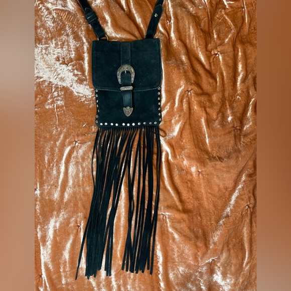 Black faux suede crossbody with fringe - Picture 2 of 6
